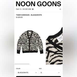 Noon Goons Los Angeles Tiger Cardigan - Black & White Sweater Small Avant Garde
